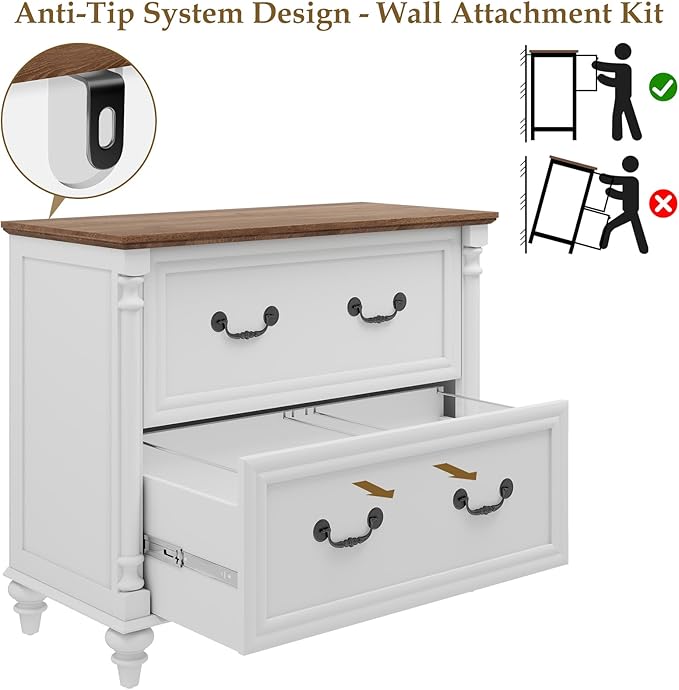Lateral File Cabinet 2 Drawers Farmhouse File Cabinet for Letter/A4/Legal Size Hanging Files, Large Rustic White File Storage Cabinets Printer Stand with 4 Solid Wood Feet &Column Decor for Office