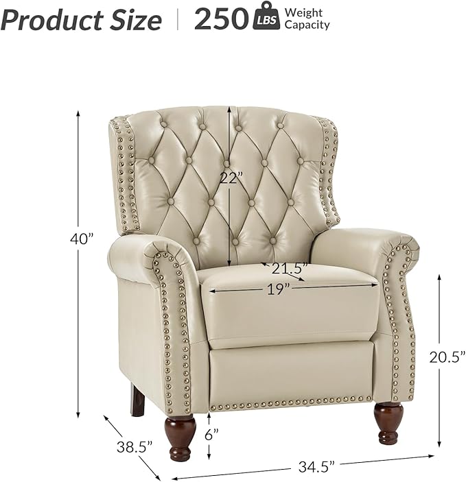 HULALA HOME Genuine Leather Recliner Chair Set of 2 w/Solid Wood Feet, Modern Adjustable Tufted Push Back Arm Chair w/Rivet Decoration, Home Theater Seating Reclining Sofa for Living Room, Beige