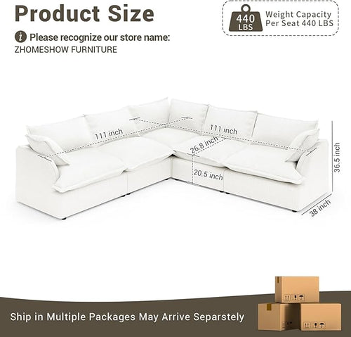 111” Oversized Modular Sectional Sofa, Comfy Down Fill Cloud Couch, 5 Seater V Shaped Modular Couch with Washable Cover, Deep Seat Sectional Couches for Living Room, Cream White