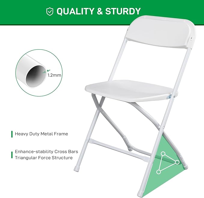 12 Pack White Plastic Folding Chairs, Portable Party Chairs, Stackable Commercial Seats with Steel Frame for Home Office Wedding Party Indoor Outdoor Events Chairs, 350lbs Capacity
