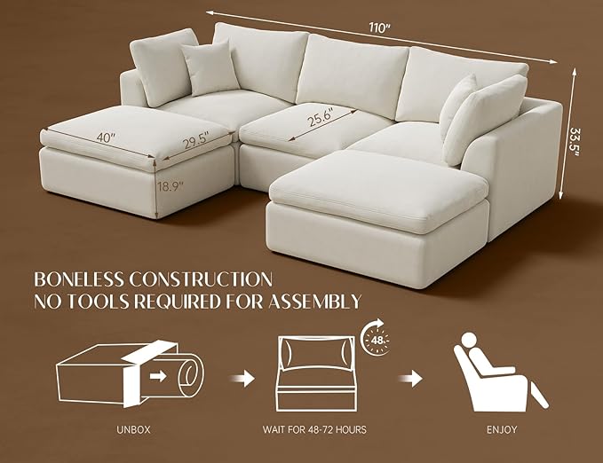 110" Cloud Sectional Couches for Living Room, Boneless U Shaped Couch with Ottoman, 3 Seater Modular Sectional Sofa, Warm White