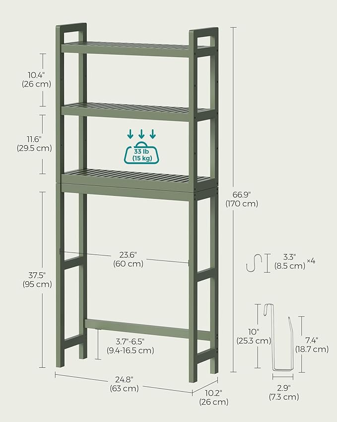 SONGMICS Over The Toilet Storage, 3-Tier Over Toilet Bathroom Organizer with Adjustable Shelf, 10.2 x 24.8 x 66.9 Inches, Space-Saving, Forest Green UBTS001C01