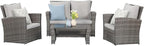 Wisteria Lane 4 Piece Patio Furniture Set, Wicker Outdoor Patio Conversation Furniture Set, All Weather Outdoor Patio Sofa with Cushion and Glass Table, Grey