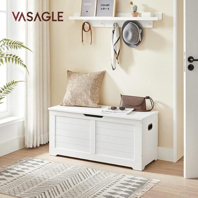 VASAGLE Storage Chest, Storage Bench with 2 Safety Hinges, Farmhouse Style, 15.7 x 39.4 x 18.1 Inches, for Entryway, Bedroom, Living Room, Cloud White ULSB061T10