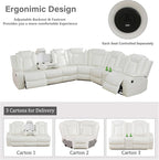Power Recliner Sectional Couch with LED, Leather Reclining Sofa for Living Room, Muti-Functional Recliner Corner Sectional with Storage Console/Cup Holders/USB Ports (Creamy White, SECTIONAL & CHAIR)