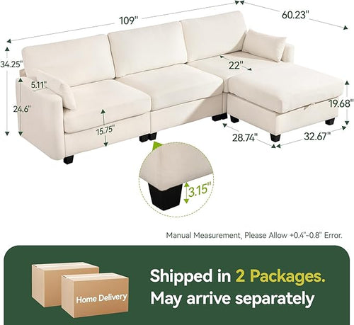 109'' Modular Sectional Sofa, L Shaped Couch with Storage Ottoman, Comfy Cloud Sofa with Deep Seat, 4 Seat Convertible Sectional Couches for Living Room (Beige, High Legs 3.15'')