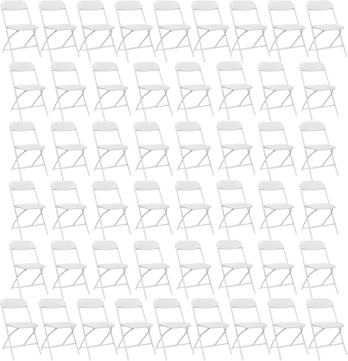 50 Pack White Plastic Folding Chairs, Portable Party Chairs, Stackable Commercial Seats with Steel Frame for Home Office Wedding Party Indoor Outdoor Events Chairs, 350lbs Capacity