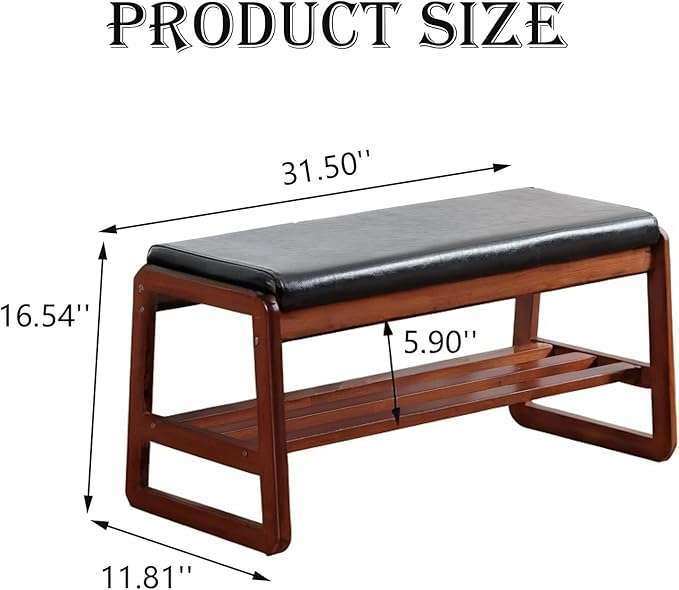 latifolia Solid Wood Bench, Entryway Shoe Bench with Cushion, 2 Tier Shoe Storage Organizer for Hallway, Living Room(Black,31.50''L)