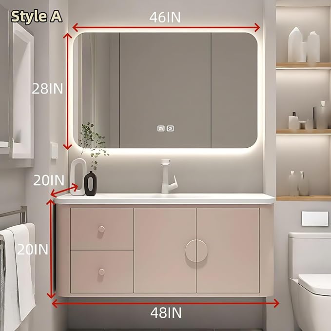 48IN Pink Modern Bathroom Vanity - Bathroom Vanities Set with 2 Drawers Wall Mounted | Rounded Corner Smart Defogging Mirror Cabinet with Lighting & Time Display, Side Opening Storage Shelf (Style A)