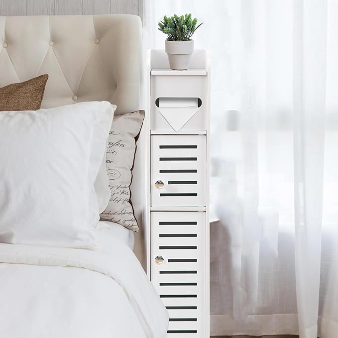 TuoxinEM Storage Cabinet for Small Spaces, Over The Toilet Cabinet for Skinny Bathroom Storage Corner Floor, Slim Paper Holder with 2 Doors & Shelves (White)