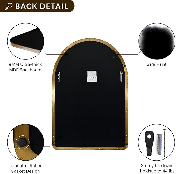 ANDY STAR Arched Mirror, 20 x 30 Inch Gold Bathroom Mirror in Stainless Steel Metal Frame, Arch Top Rounded Corner 1 Inch Deep Set Design Wall Mount Hangs Vertical