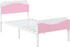 Timy Kids Twin Bed Frame with Bookcase Headboard and Footboard, Metal Platform Bed Frame for Boys Girls Teens, No Box Spring Needed, White and Pink