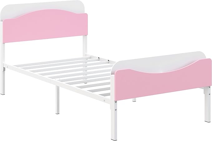 Timy Kids Twin Bed Frame with Bookcase Headboard and Footboard, Metal Platform Bed Frame for Boys Girls Teens, No Box Spring Needed, White and Pink