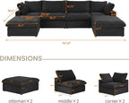 Cloud Couch Modular Sectional Sofa,160.6" Down Filled Sofa with Storage Ottoman,Modern U Shaped Couch 6 Seater, Black Convertible Sectional Sofa for Living Room,Covers Removable & Washable