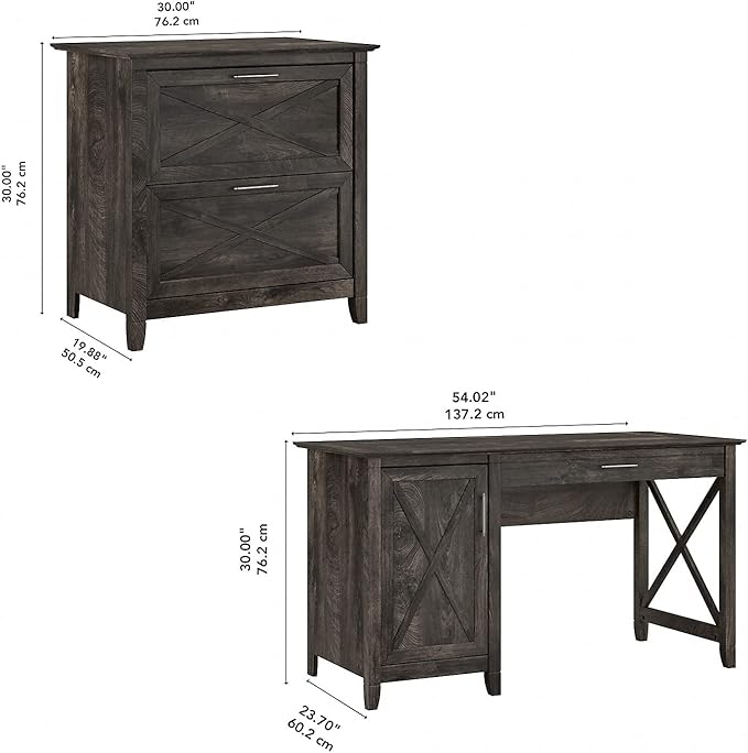 Bush Furniture Key West 54W Computer Desk with Storage and 2 Drawer Lateral File Cabinet in Dark Gray Hickory