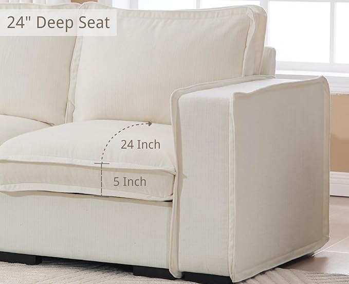 EALSON 93 Inch Modular Sectional Sofa Modern Comfy 3-Seater Couch Sofa Linen Fabric Upholstered Cloud Couches with 24" Deep Seat and Wooden Legs for Bedroom/Living Room/Office, White