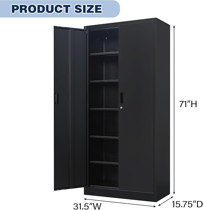 BESFUR 71" H Metal Storage Cabinet with 5 Adjustable Shelves and Lockable Doors, Locking Cabinet for Garage, Classroom and Office - Black