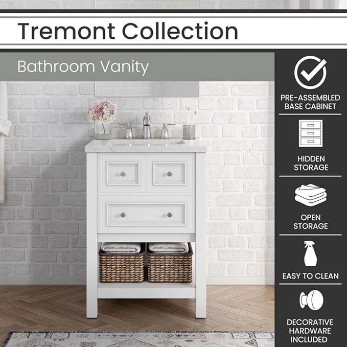 Hanover Tremont 24'' Vanity Cabinet with Sink Combo for Bathroom, Powder Room | Pre-Assembled Cabinet | 1 Drawer, Bottom Shelf | Artificial Stone Countertop | White Cabinet | HANVN0107-24-1WH