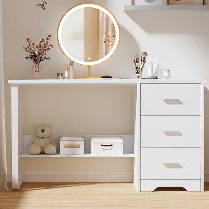 White Desk with 3 Drawers, 47 Inch Computer Desk with Drawers for Bedroom, Small Home Office Desk with File Cabinet, Bottom Shelves for Small Spaces