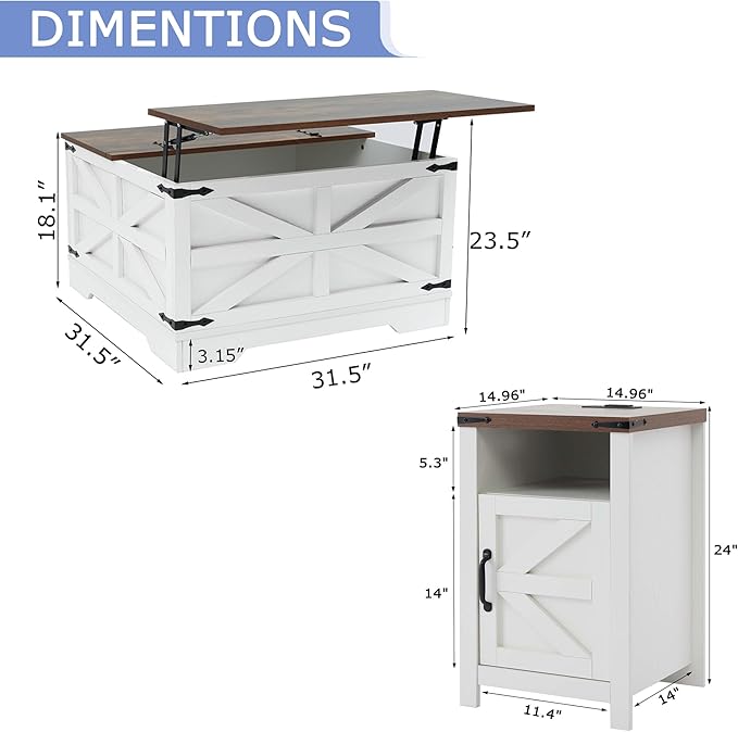 Farmhouse Coffee Table Set of 3, Lift Top Coffee Table with Sliding Barn Doors and End Tables Set of 2 with Charging Station, Living Room Table Set for Home Office, White