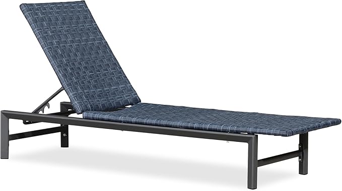 PURPLE LEAF Patio Chaise Lounge Rattan Chair Outdoor Pool Adjustable Recliner Wicker Lounger for Outside Woven Furniture Tanning Poolside Lounger Navy Blue