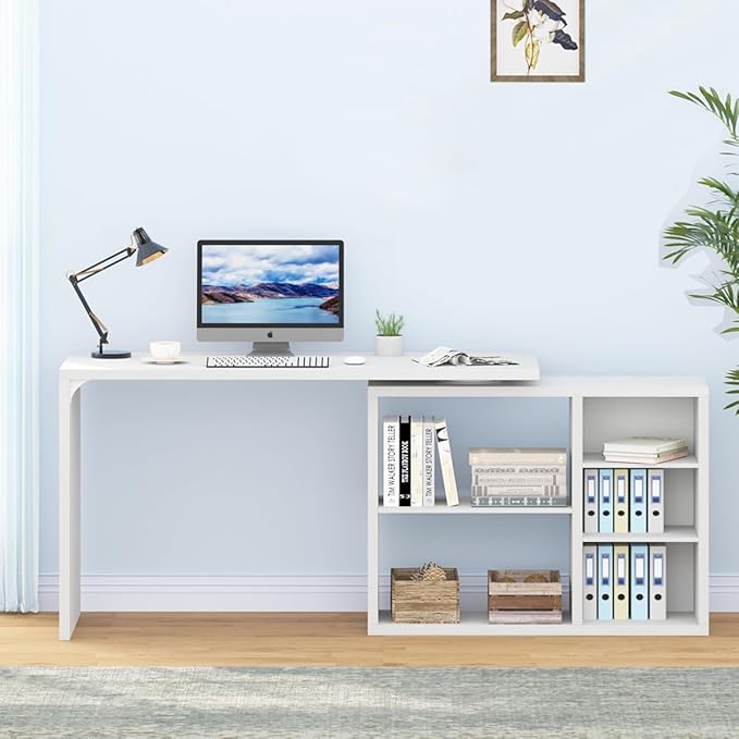 HSH White L Shaped Desk with Shelf, Reversible Modern Home Office Desk Workstation, L Shape Computer Desk with Storage Cabinet Drawer, Industrial Wood Corner Table for Work Study Writing Gaming, 55 In