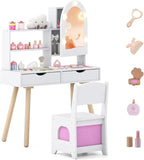 Costzon Kids Vanity with Lights, Girls Vanity Set with Mirror Cabinet, Storage Drawers, Hooks & Shelves, Toddler Makeup Vanity Desk Dressing Table, Wooden Kids Vanity Table and Chair Set (White)