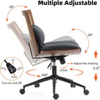 Armless Rattan Office Desk Chair with Wheels, PU Leather Modern Wide Swivel Task Chair, Ergonomic Criss Cross Legged Chair for Meeting Room, Home Office, Black