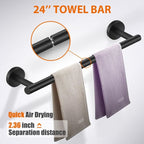 5-Pieces Matte Black Bathroom Hardware Set SUS304 Stainless Steel Round Wall Mounted - Includes 24" Hand Towel Bar, Toilet Paper Holder, 3 Robe Towel Hooks, Bathroom Accessories Kit