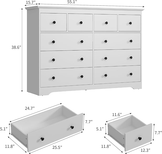 White Dresser for Bedroom, 10 Drawer Dresser with Large Drawers, 55 Inch Wide Wood Chest for Living Room, Hallway
