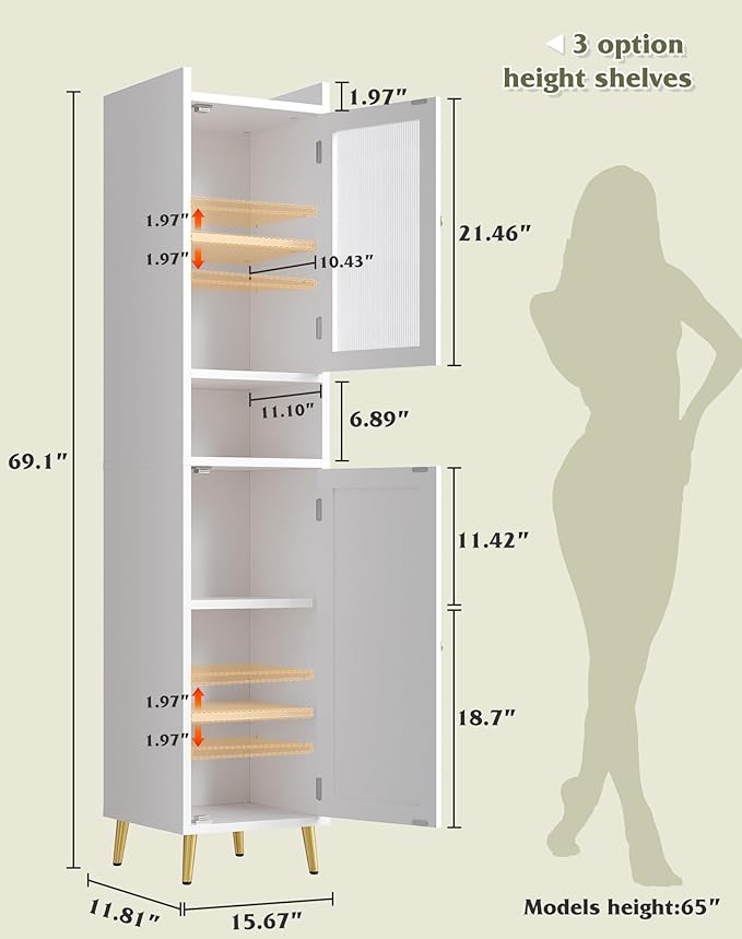 Bathroom Storage Cabinet, Bathroom Cabinet with 6 Shelves & 2 Doors, Tall Bathroom Storage Cabinet for Bathroom, Kitchen, Laundry Room, White