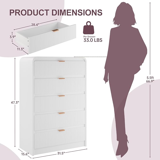 FURSUN Fluted 5 Drawers Dresser for Bedroom, 48" Tall Wooden Modern Dresser with Metal Handle, Curved Profile Design, Storage Organizer for Bedroom, Hallway (White)