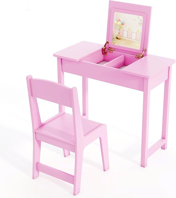 HONEY JOY Kids Vanity, Wooden Girls Vanity Desk with Flip Top Mirror, Hidden Storage Space, Toddler Makeup Vanity Dressing Table, Pretend Play Kids Vanity Table and Chair Set (Pink)