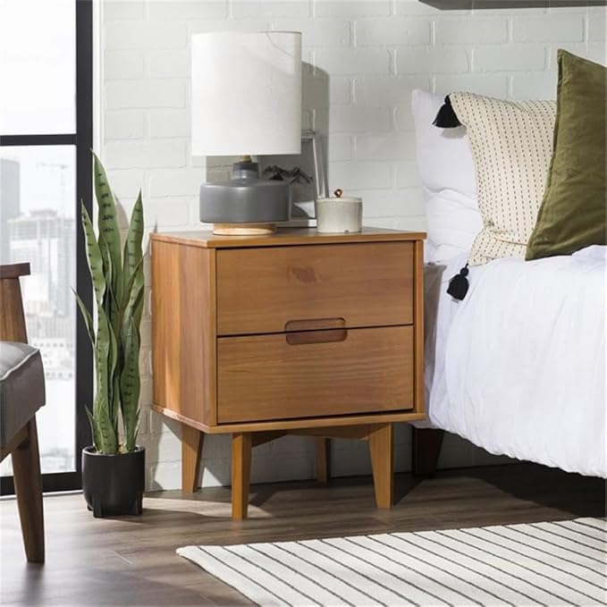 Walker Edison Mid Century Modern Grooved Handle Wood Nightstand Side Table Bedroom Storage Drawer and Shelf Bedside End Table, 2 Drawer, Caramel