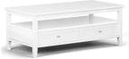 SIMPLIHOME Warm Shaker Coffee Table - 48 inch Wide Solid Wood Cocktail Table in White, Transitional Living Room Table with 2 Storage Drawers and Open Shelf for Sitting Area or Lounge