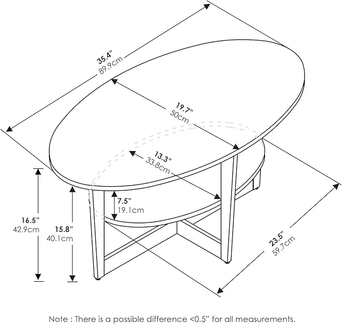 Furinno Jaya Oval Coffee Table, 35.43 (W) x 16.49 (H) x 19.69 (D) inches, White