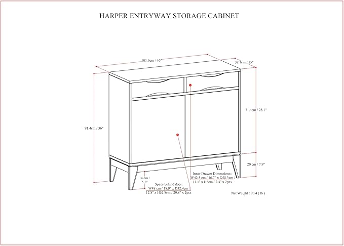 SIMPLIHOME Harper Solid Hardwood 40 inch Wide Mid Century Modern Entryway Storage Cabinet in Walnut Brown for The Living Room, Entryway and Family Room