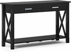 SIMPLIHOME Kitchener Console Table - 47 Inch Wide Solid Wood Sofa Table in Black, Contemporary Storage Table for Entryway or Living Room with 2 Drawers, Bottom Shelf, and X-Design Side Panels