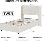 Twin Upholstered Bed Frame with LED Lights, Faux Leather Platform Bed Frame with Silver Wingback Headboard, Modern Style, No Box Spring Needed, Easy Assembly, Cream