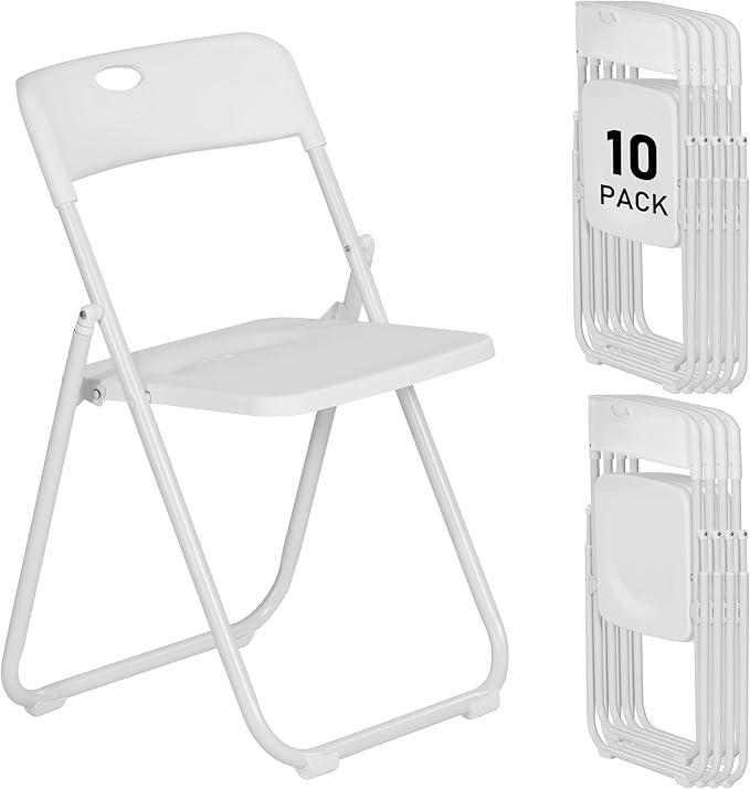 10 Pack White Plastic Folding Chairs, Indoor Outdoor Portable Stackable Commercial Seats with Steel Frame for Home Office Wedding Party Events Kitchen Dining, 350lb Capacity