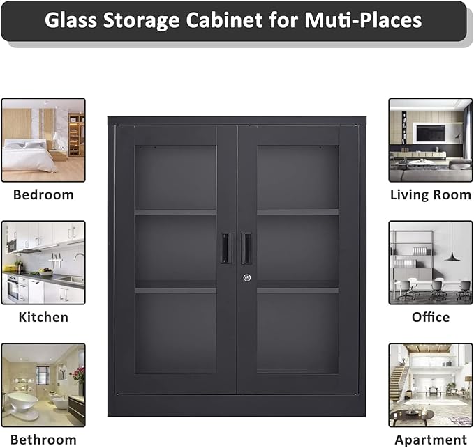 SISESOL Black Metal Storage Cabinet with Doors and Shelves,36 inch Locking Display Cabinet with Acrylic Doors,Office Cabinets with Lock,Sideboard Cabinets for Home Office,Living/Dining/Utility Room,