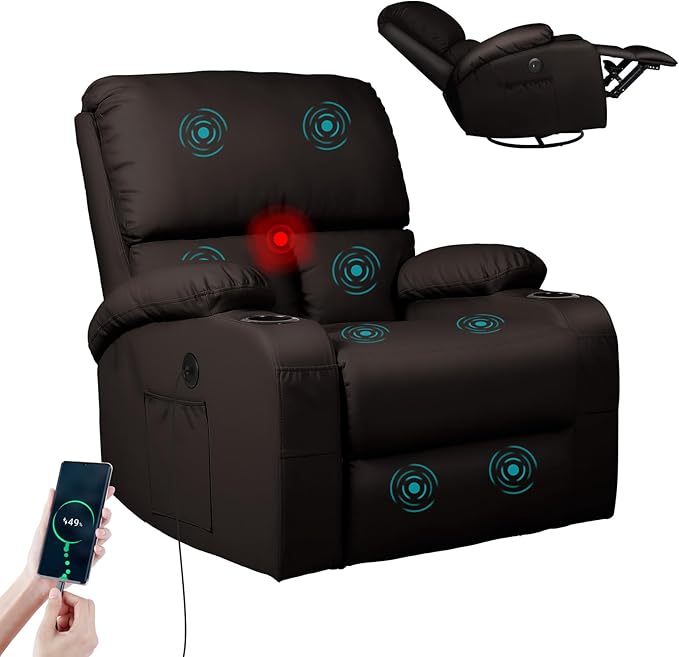LEVELEVE Rocking Recliner Chair, Massage Rocker Recliner Chair with Vibration Massage and Heat, USB and Type-C Ports,360° Swivel Faux Leather Chairs, Living Room, Bedroom, Nursery, RV, Brown