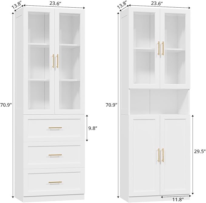 VOWNER Bookcase with Glass Doors & Drawers, 5 Tier Bookshelf with Adjustable Shelf, Modern Large Storage Display Cabinet Set for Home Office, Living Room, White (BDDB)