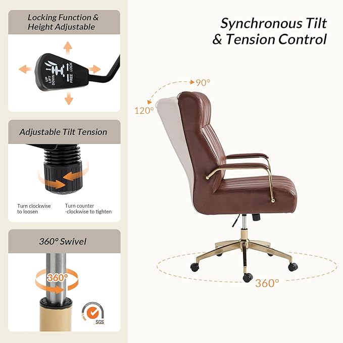 HULALA HOME Modern Executive Office Chair, Faux Leather Tufted Ergonomic Desk Chair with Gold Plated Base & Armrests, 360° Swivel Adjustable Height Tilt Home Office Chair for Work/Study