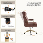 HULALA HOME Modern Executive Office Chair, Faux Leather Tufted Ergonomic Desk Chair with Gold Plated Base & Armrests, 360° Swivel Adjustable Height Tilt Home Office Chair for Work/Study