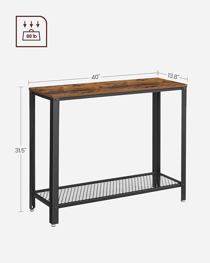 VASAGLE Set of 2 Narrow Sofa Console Tables, 2-Tier Entryway Tables with Mesh Shelf, Steel Frame, Adjustable Feet, for Hallway, Living Room, Industrial Style, Rustic Brown and Black ULNT80X-2J