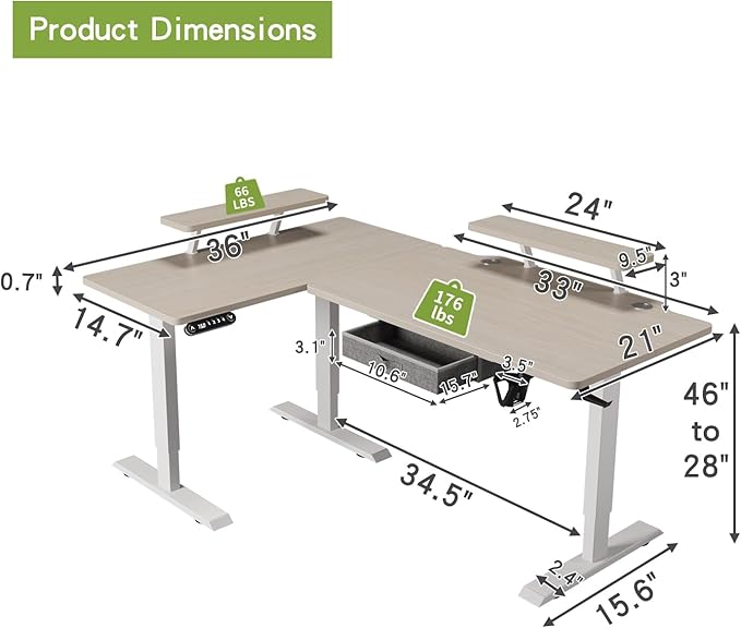 Radlove 63-Inch Large Electric Height Adjustable Computer L-Shaped Desk with Memory Controller Corner Standing Desk Modern Workstation with Splice Board Ergonomic Desk (White Frame + Oak Top)