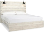Signature Design by Ashley Cambeck Farmhouse King Panel Bed with Sconce Lights and USB Ports, Foundation or Box Spring Needed, Whitewash
