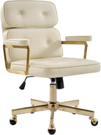 HULALA HOME Faux Leather Office Desk Chair with Golden Metal Legs, Comfy Upholstered Computer Chair with Tufted Backrest & Thick-Cushion Padded Armrest, Height Adjustable and 360°Swivel, Ivory