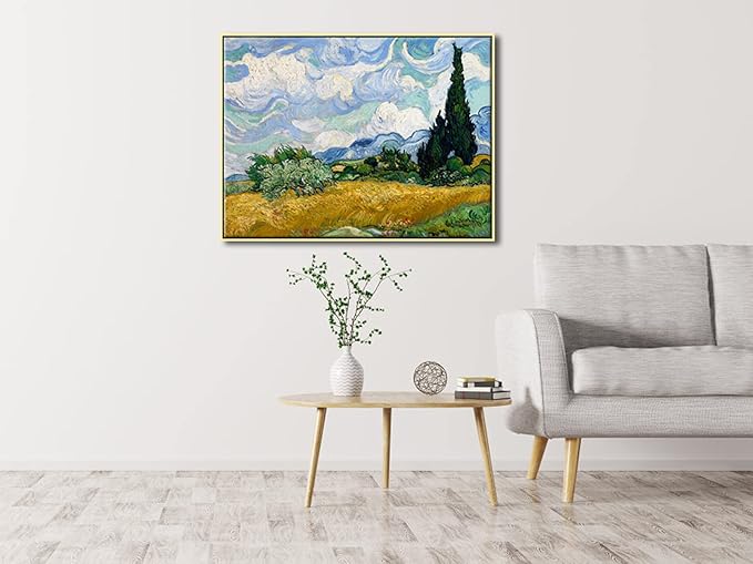 Wieco Art Framed Canvas Art Wheat Field with Cypresses by Van Gogh Classical Paintings Reproduction Modern Canvas Print Wall Art Landscape Pictures Artwork for Home Office Decor